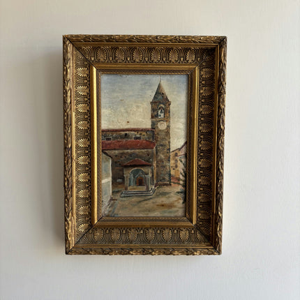 1896 Antique Cityscape Oil Painting "Bell Tower" Small Artwork Holland Art Shop