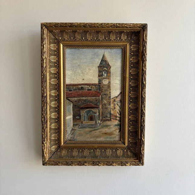 1896 Antique Cityscape Oil Painting "Bell Tower" Small Artwork Holland Art Shop
