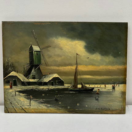 Rustic Winter Landscape Oil Painting "Green Windmill" Classic Small Art Holland Art Shop