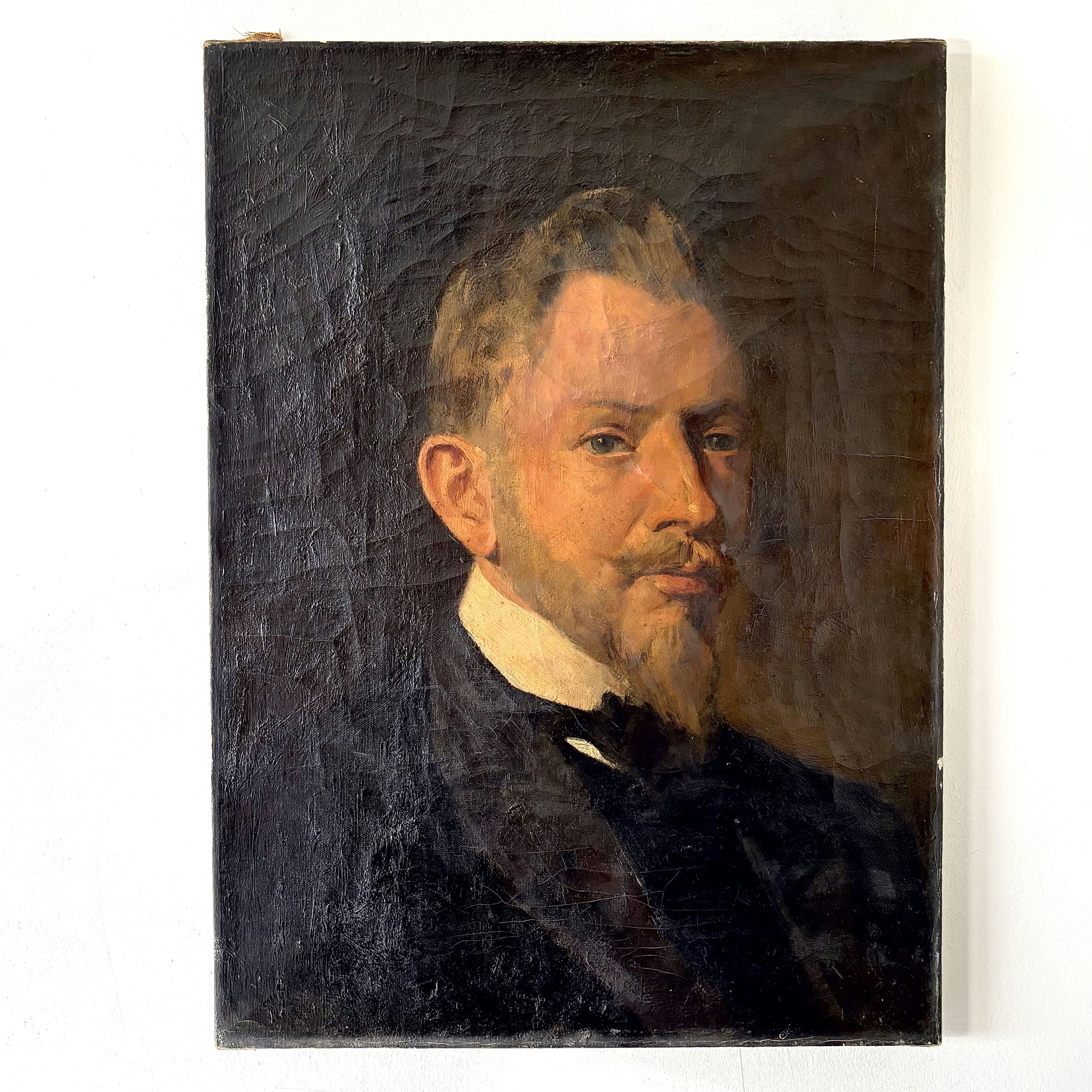 19th Century Gentleman Black Suit Beard Collar Antique Oil Painting Authentic