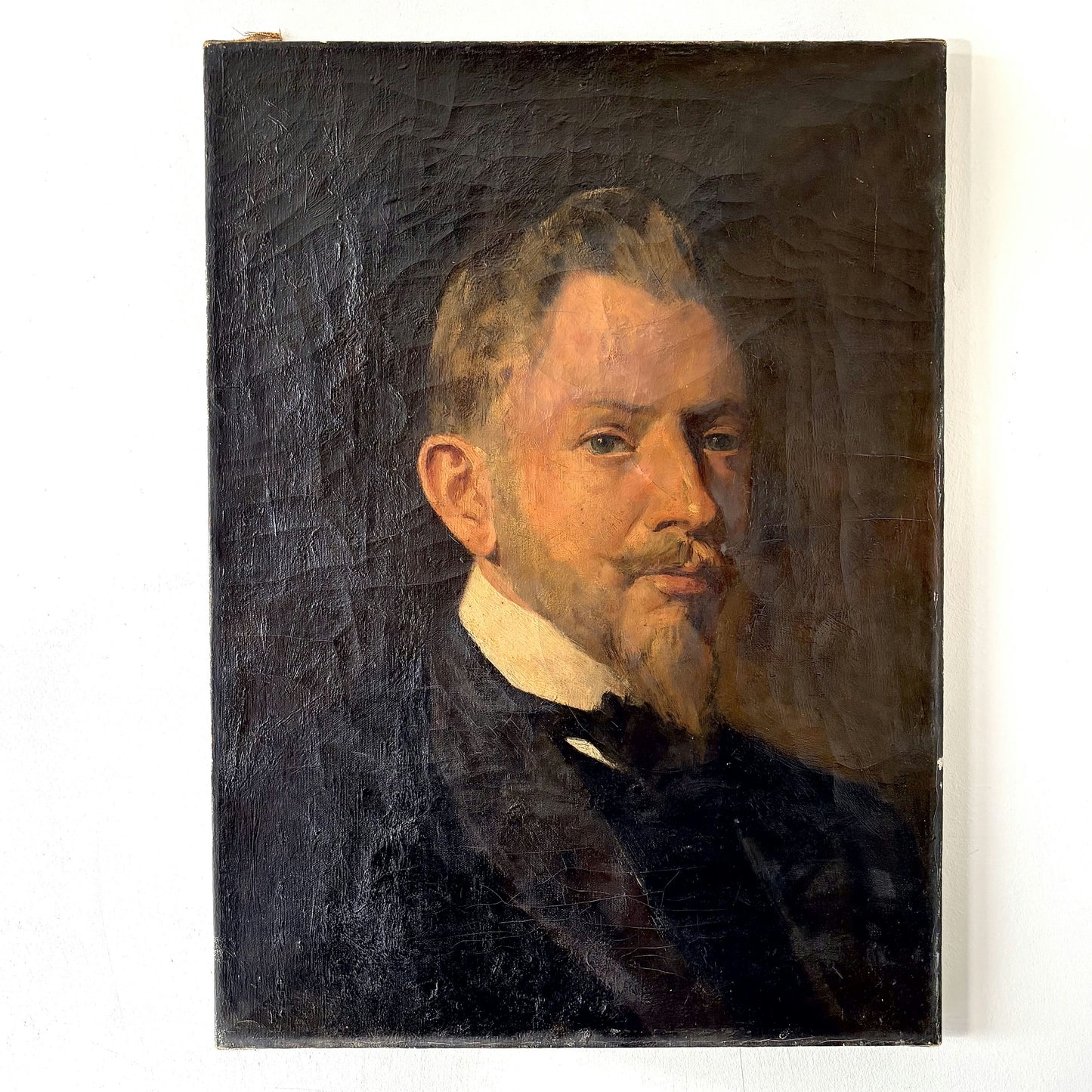 19th Century Gentleman Black Suit Beard Collar Antique Oil Painting Authentic