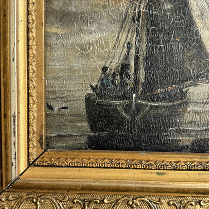 19th Century Antique Seascape Oil Painting "Gilded Frame" Belgique Artwork Holland Art Shop
