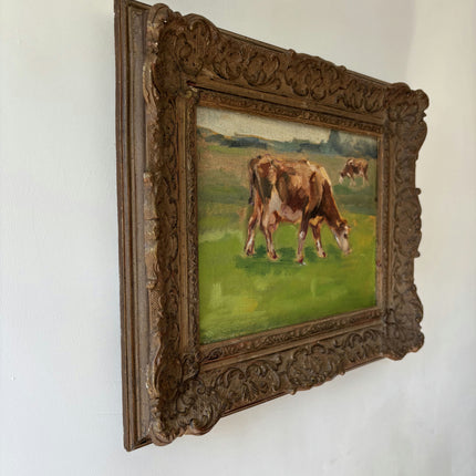 Traditional Animals Oil Painting "Grazing Cow" Vintage Small Art Holland Art Shop