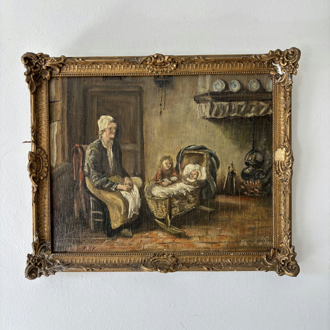 19th Century Antique Interior Oil Painting "Seated Woman" Small Art Holland Art Shop