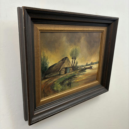 Rustic Landscape Oil Painting "Thatched Cottage" Vintage Art Holland Art Shop