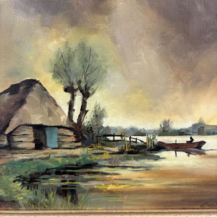 Rustic Landscape Oil Painting "Thatched Cottage" Vintage Art Holland Art Shop