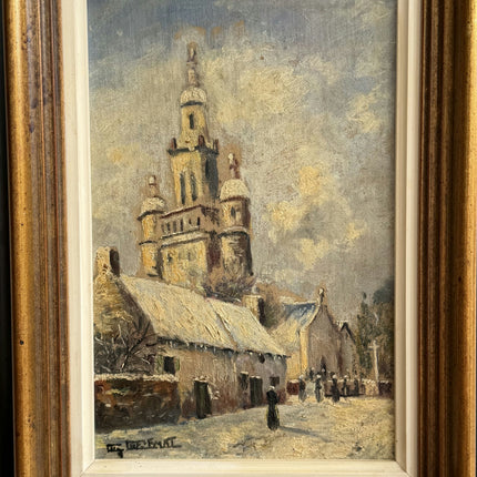 Detailed Cityscape Oil Painting "Snowy Church" Handcrafted Small Art Holland Art Shop