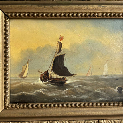 Antique Seascape Oil Painting "Sailing Boat" Timeless Small Artwork Holland Art Shop