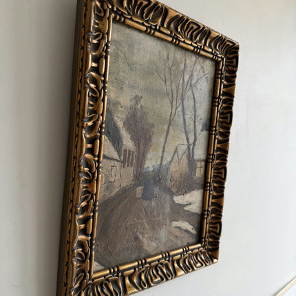 Expressive Winter Landscape Oil Painting "Gilded Frame" Rustic Small Art Holland Art Shop