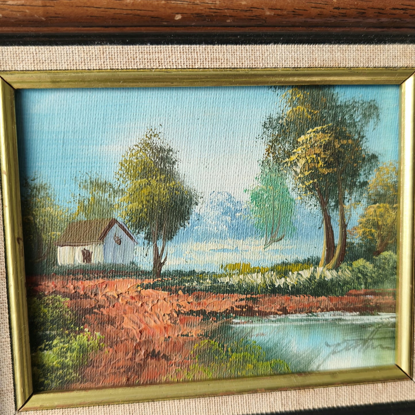 20th Century Vintage Cottage Trees River Mountain Sky Oil Painting Authentic