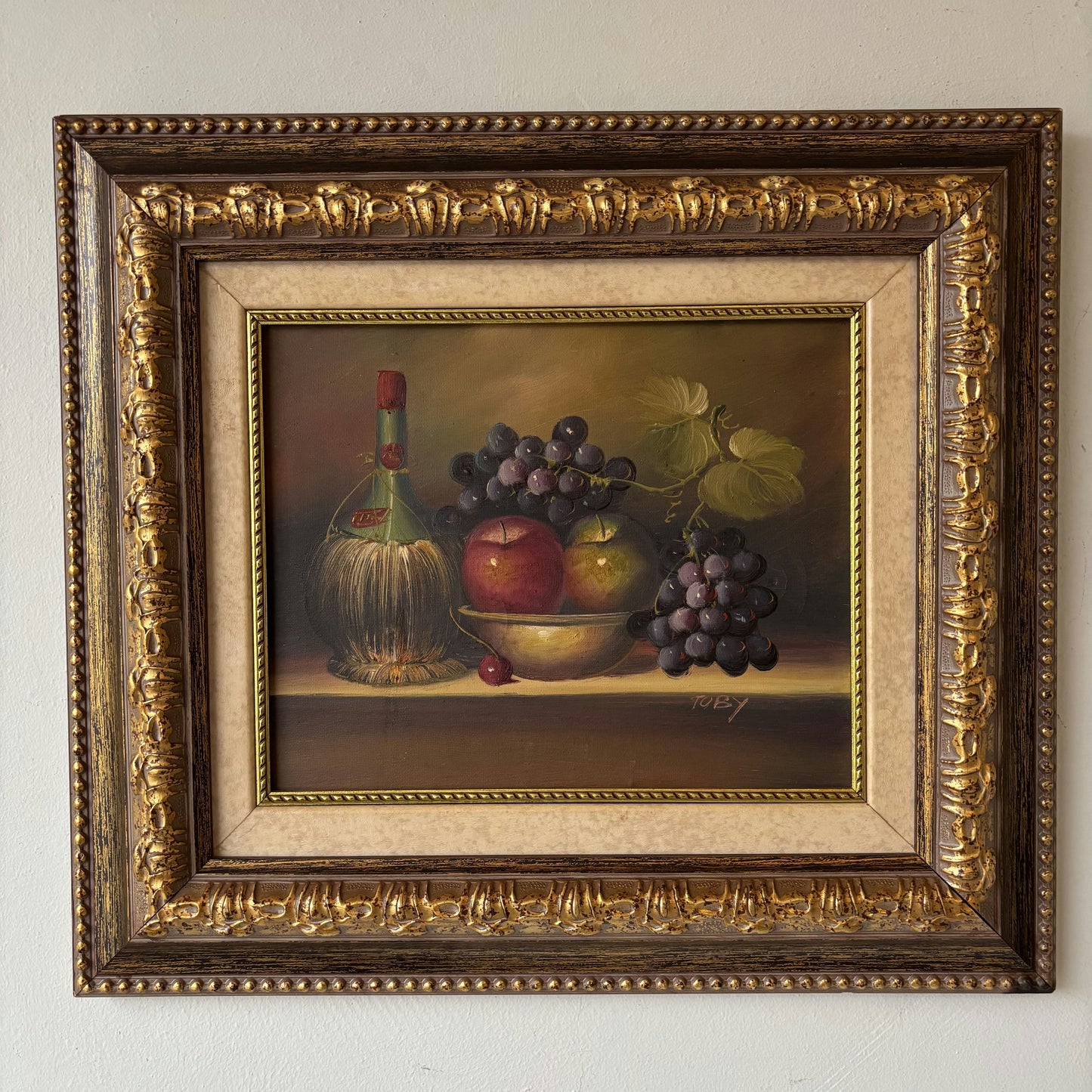 Still Life Oil Painted On Canvas With Ornate frame from ca 1970