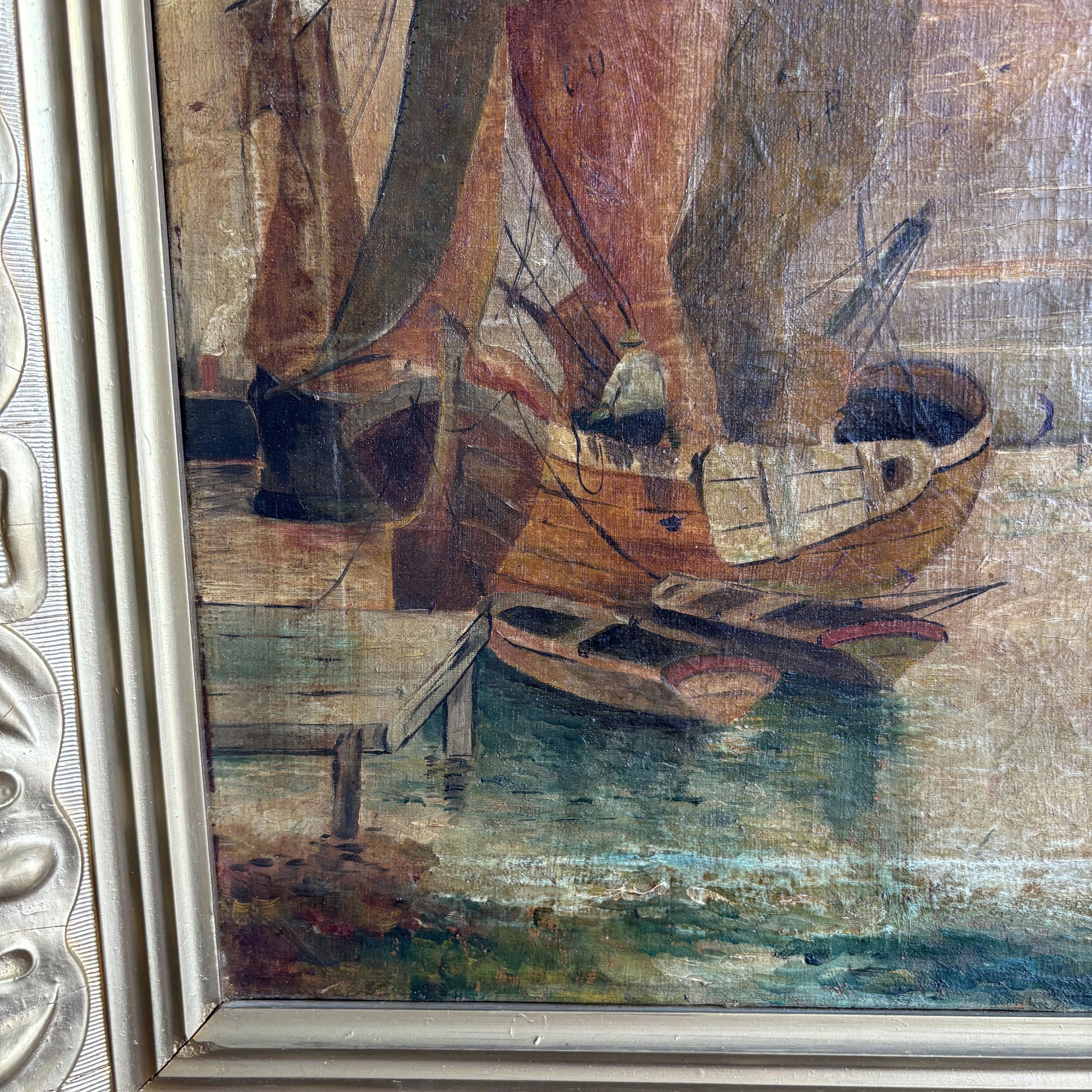 1914 Antique Harbor Scene Oil Painting 