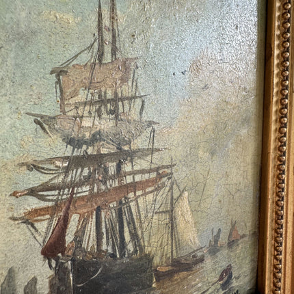 19th Century Antique Seascape Oil Painting "Gilded Frame" Small Art Holland Art Shop