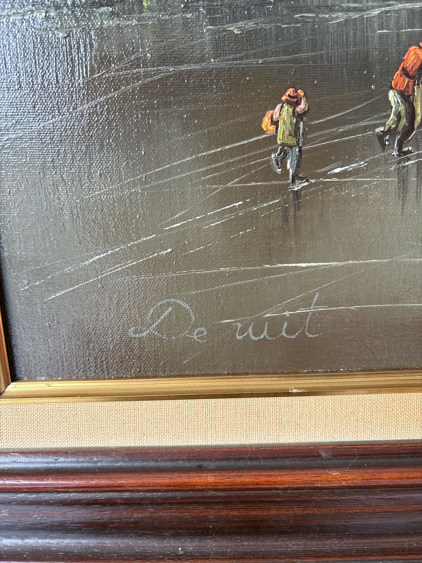 20th Century Vintage Winter Windmill Stone Bridge River Skaters Oil Painting