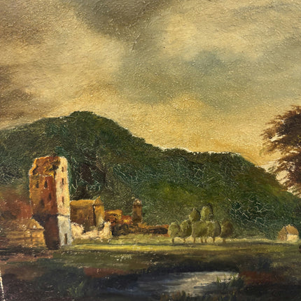 19th Century Antique Landscape Oil Painting "Lonely Tower" Small Art Holland Art Shop