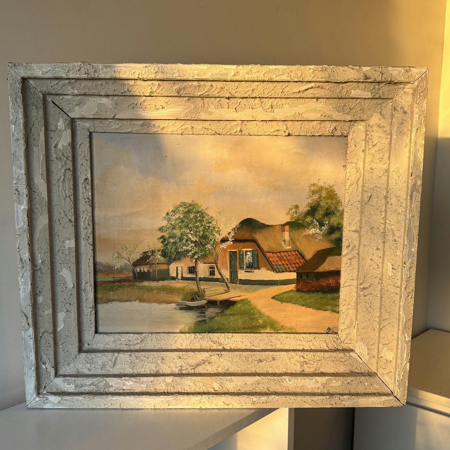 Antique Oil Painting "Thatched Roof Cottage" Marvelous Medium Art