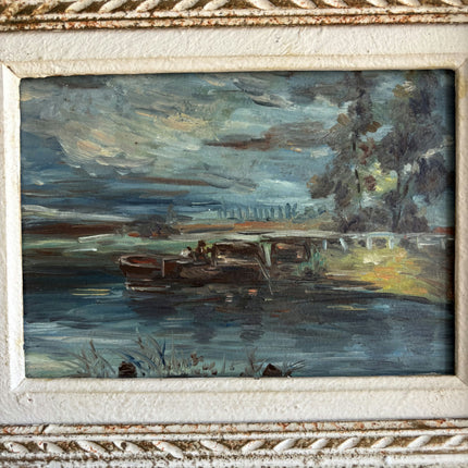 Authentic Harbor Scene Oil Painting "Painted Frame" Vintage Small Artwork Holland Art Shop