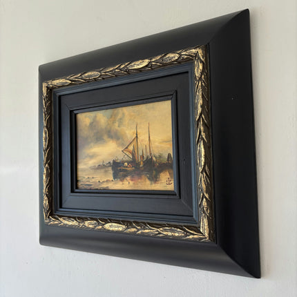 19th Century Antique Harbor Scene Oil Painting "Moored Boat" Small Artwork Holland Art Shop