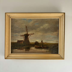 19th Century Antique Seascape Oil Painting "Windmill Tower" Dutch Artwork Holland Art Shop