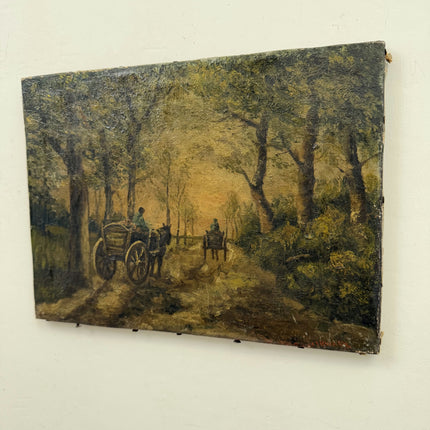 19th Century Antique Landscape Oil Painting "Horse Carriage" Small Artwork Holland Art Shop
