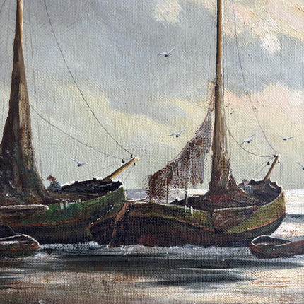 Traditional Seascape Oil Painting "Fishing Boats" Detailed Small Art Holland Art Shop
