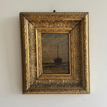 19th Century Antique Seascape Oil Painting "Gilded Frame" Small Art Holland Art Shop