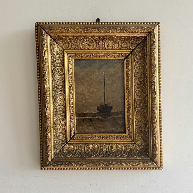 19th Century Antique Seascape Oil Painting "Gilded Frame" Small Art Holland Art Shop
