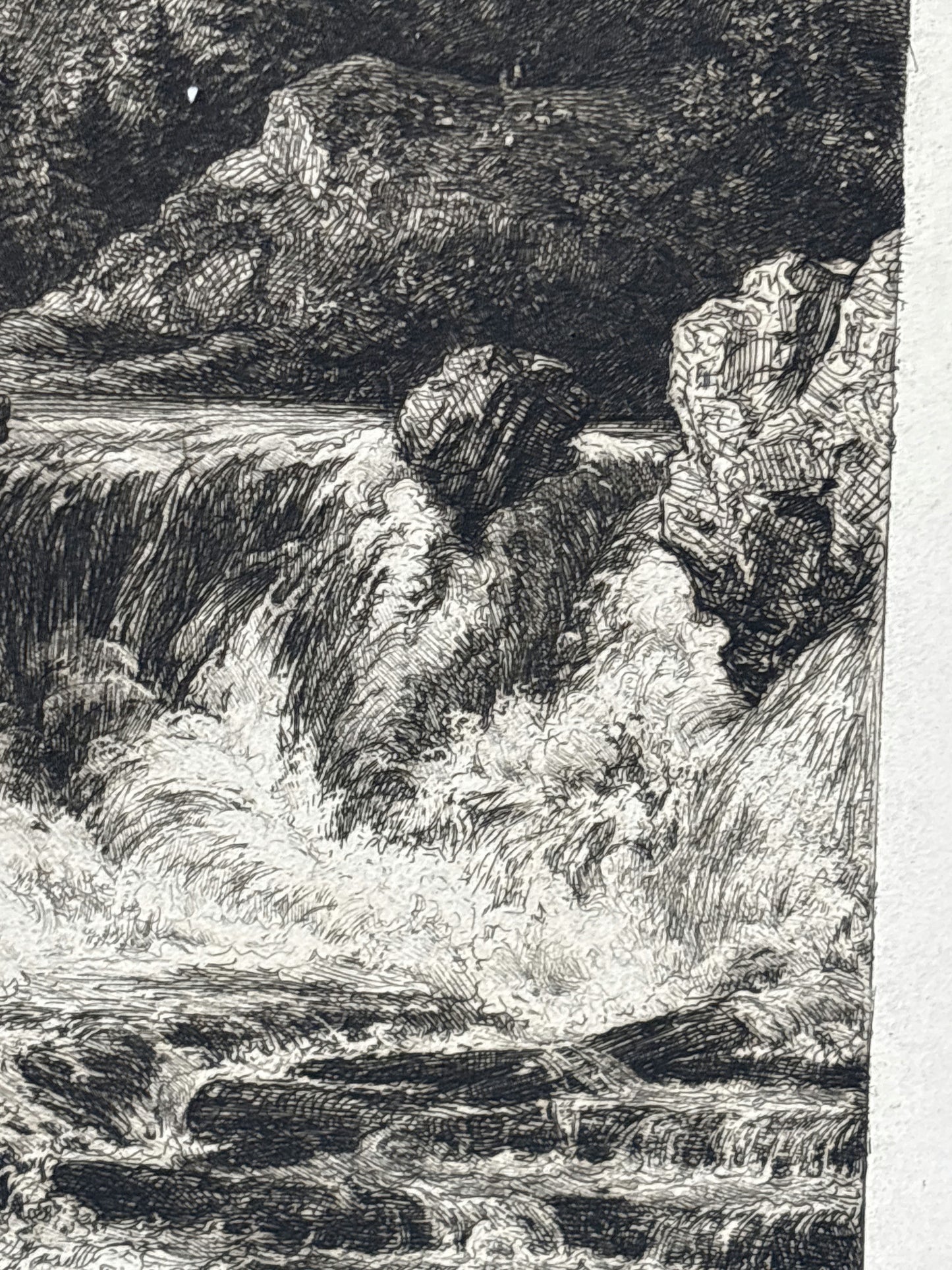 Wonderful Landscape Etching "Rushing Waterfall" Vintage Small Artwork