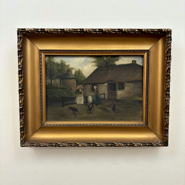Ca 1910  Farm Oil Painting "Thatched Cottage" Original Dutch Artwork Holland Art Shop