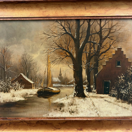 Elegant Harbor Scene Oil Painting "Winter Tree" Vintage Artwork Holland Art Shop