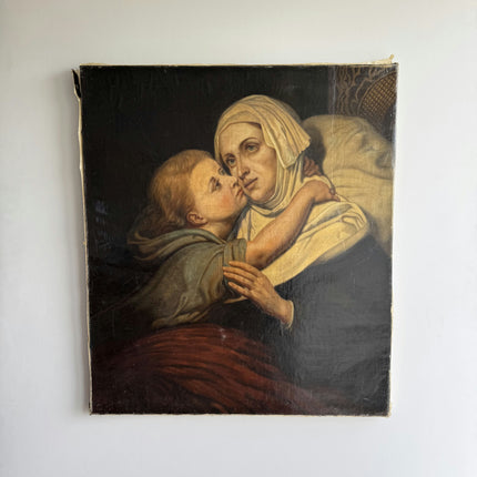 19th Century Antique Portrait Oil Painting "Mother Embrace" Large Art Holland Art Shop