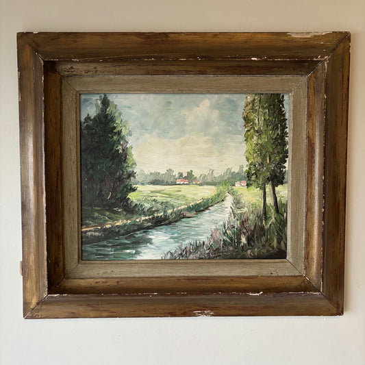 Vintage “Quiet Stream” Original Oil Painting by Carlier Jules Belgian Landscape