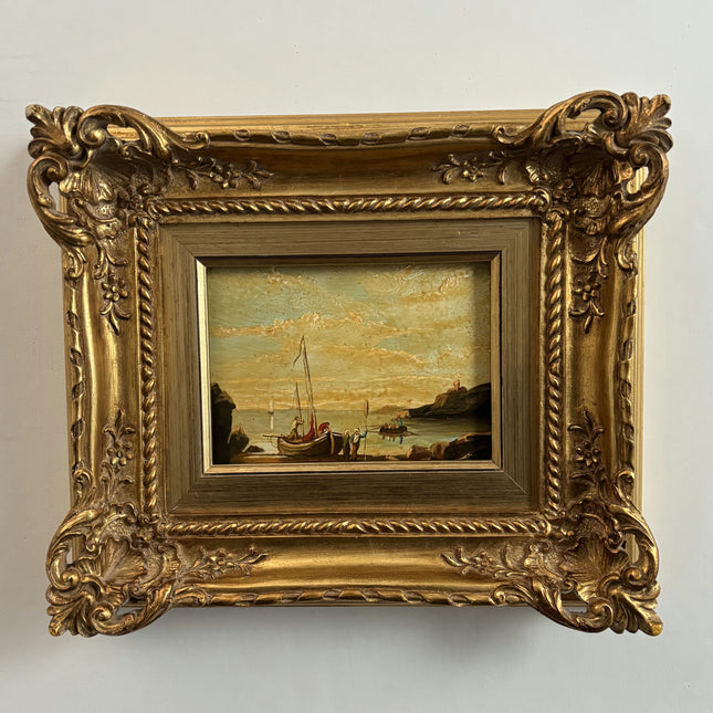 Antique Harbor Scene Oil Painting "Gilded Frame" Traditional Small Art Holland Art Shop