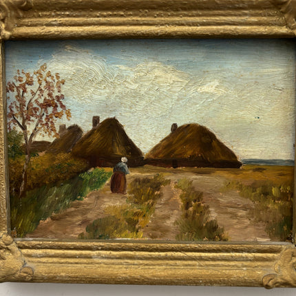Vintage Landscape Oil Painting "Thatched Cottages" Elegant Small Artwork Holland Art Shop