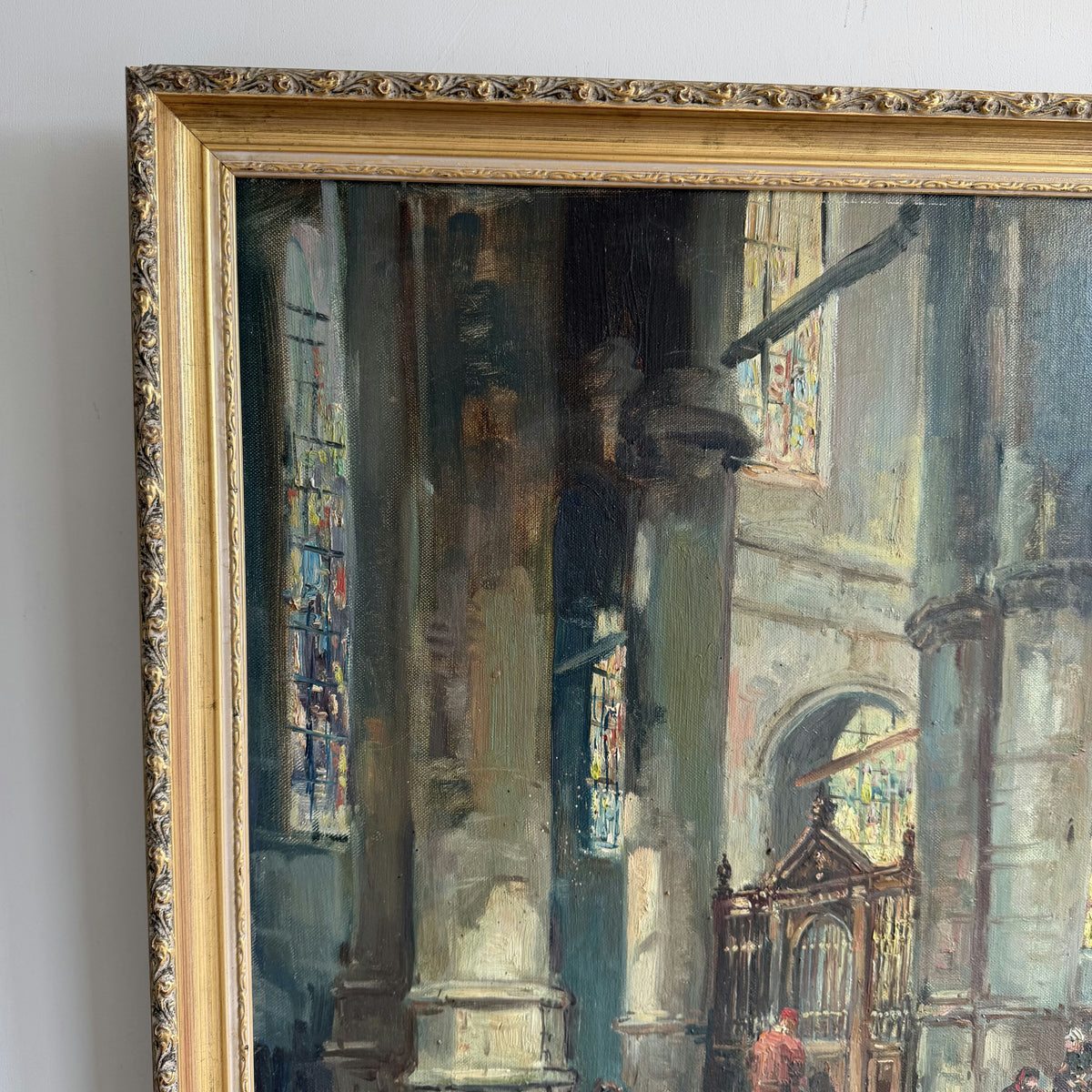 Vintage Church Interior Oil Painting 