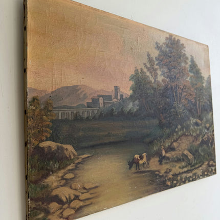 1916 Antique Landscape Oil Painting "Grazing Cow" Art Holland Art Shop