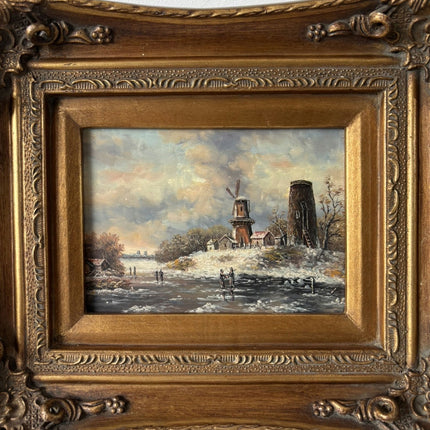 19th Century Oil Painting Winter Landscape "Windmill Scene" Small Artwork Holland Art Shop