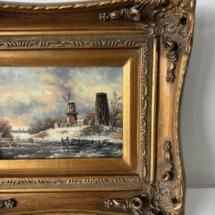 19th Century Oil Painting Winter Landscape "Windmill Scene" Small Artwork Holland Art Shop