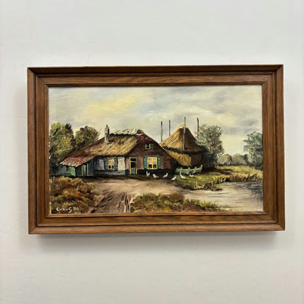 Vintage Farm Oil Painting "Thatched Cottage" Rustic Art Holland Art Shop