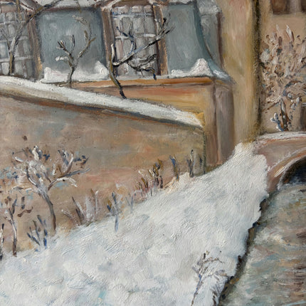 Vintage Winter Landscape Oil Painting "Snowy Bridge" Authentic French Artwork Holland Art Shop