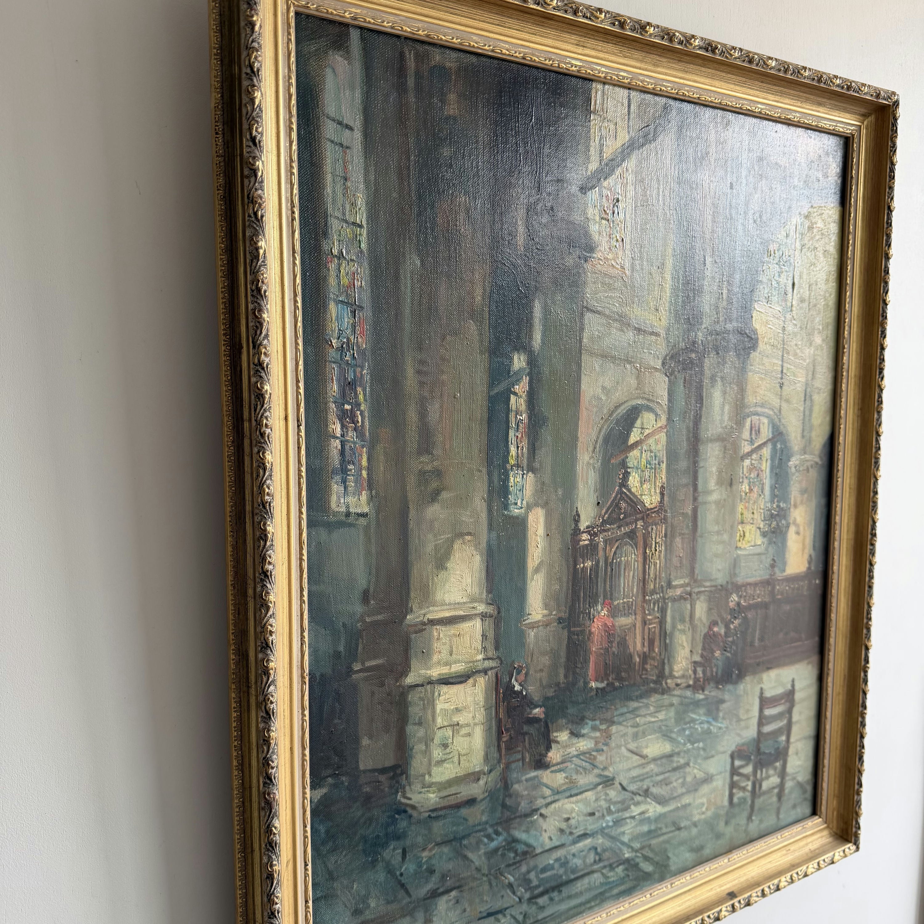 Vintage Church Interior Oil Painting 
