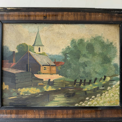 Traditional Landscape Oil Painting "Village Church" Authentic Small Artwork Holland Art Shop
