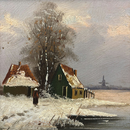 Original Winter Landscape Oil Painting "Snowy Cottages" Rustic Small Artwork Holland Art Shop