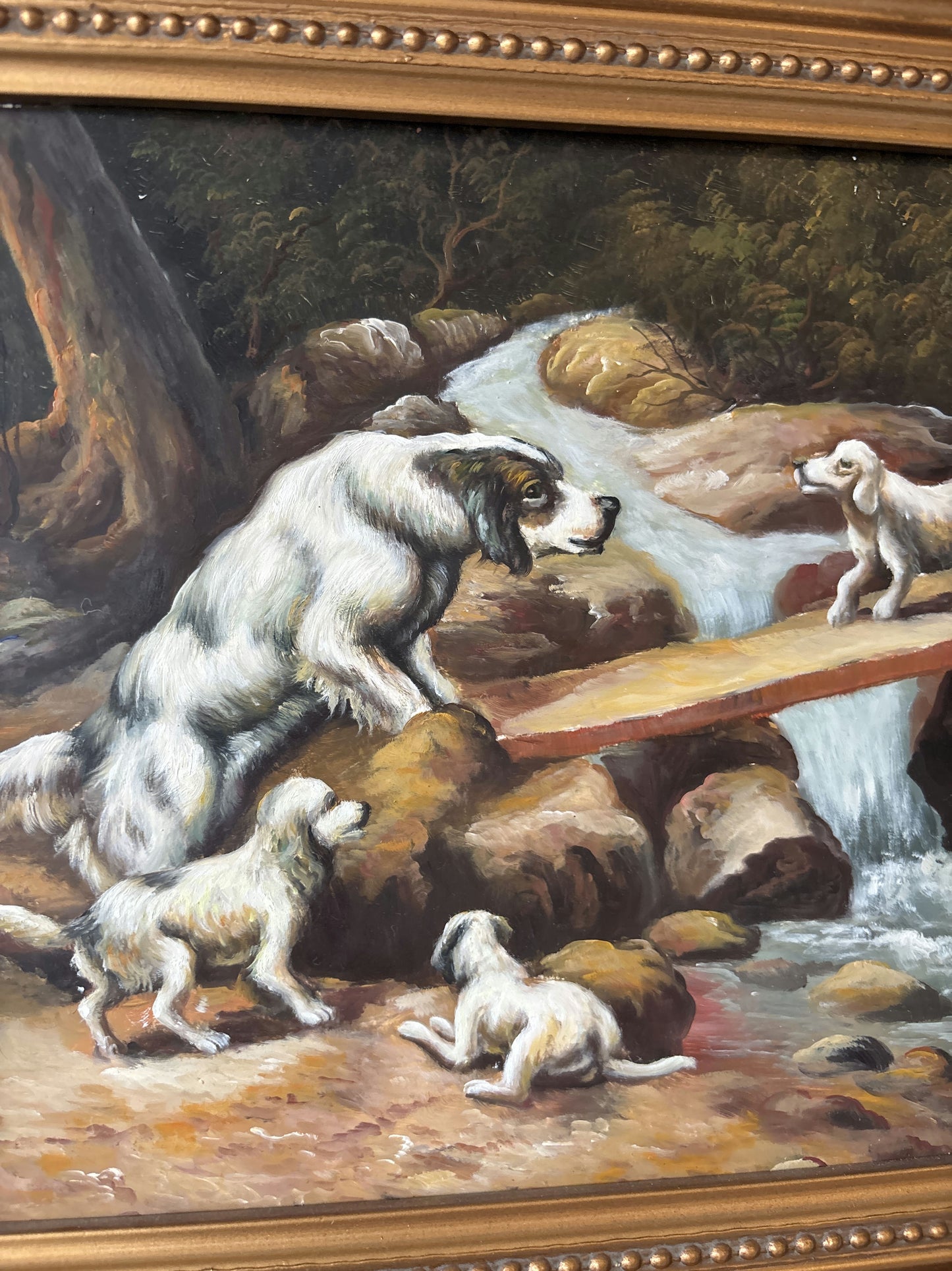 Antique Hand Made Dogs River Rocks Forest Bridge Oil Painting