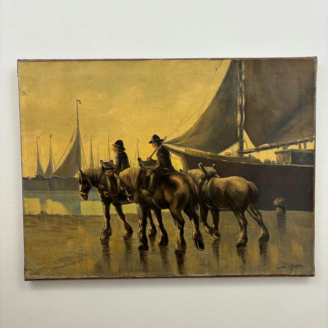19th Century Antique Harbor Scene Oil Painting "Draft Horses" Large Artwork Holland Art Shop