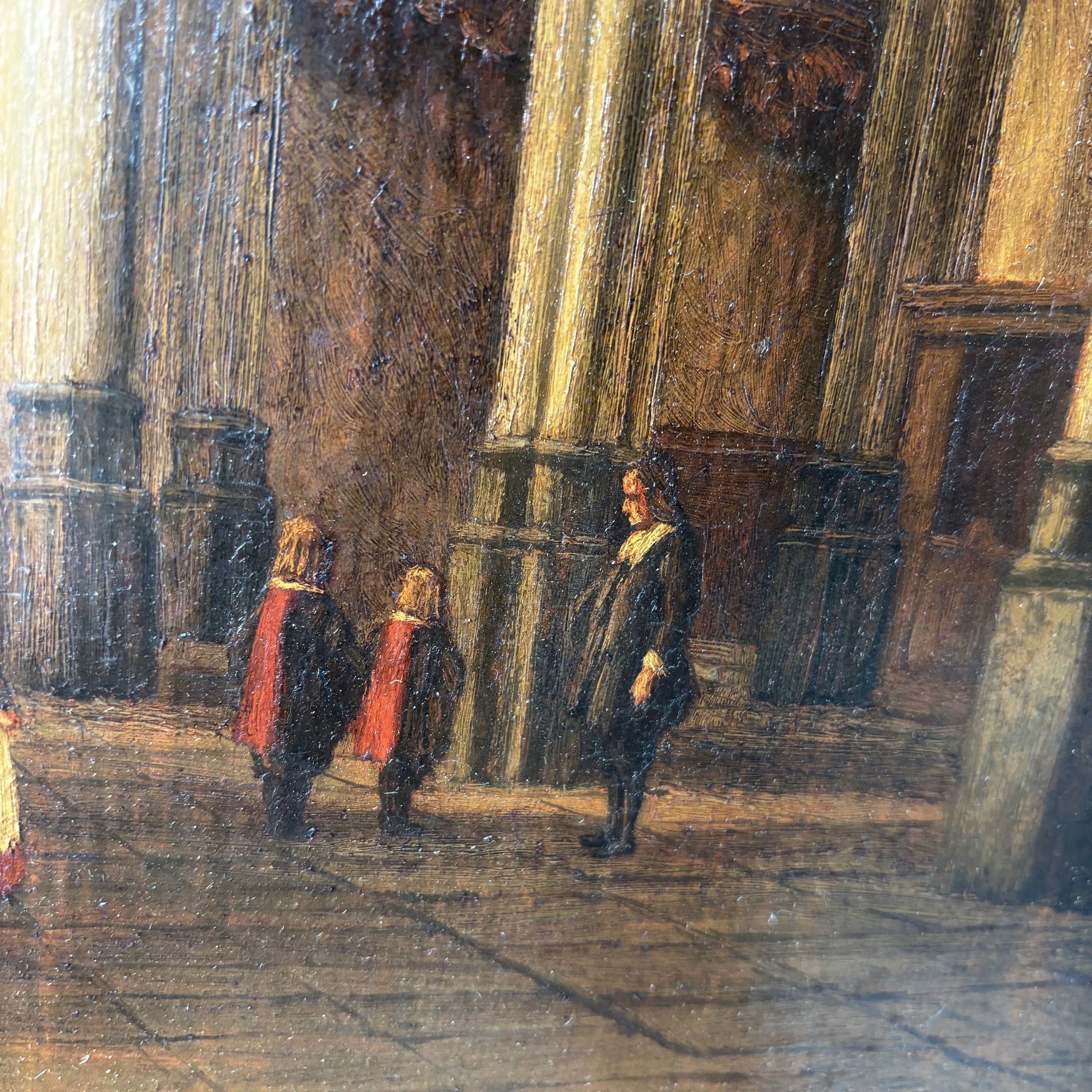 19th Century Gothic Church Interior Columns Figures Light Antique Oil Painting