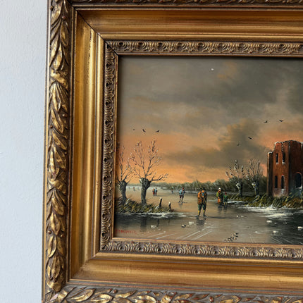 Vintage Oil Painting Winter Landscape "Ice Fishing Scene" Handcrafted Small Art Holland Art Shop