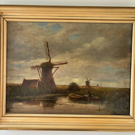 19th Century Antique Seascape Oil Painting "Windmill Tower" Dutch Artwork Holland Art Shop