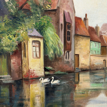 Vintage Cityscape Oil Painting "Canal Houses" Expressive Small Artwork Holland Art Shop