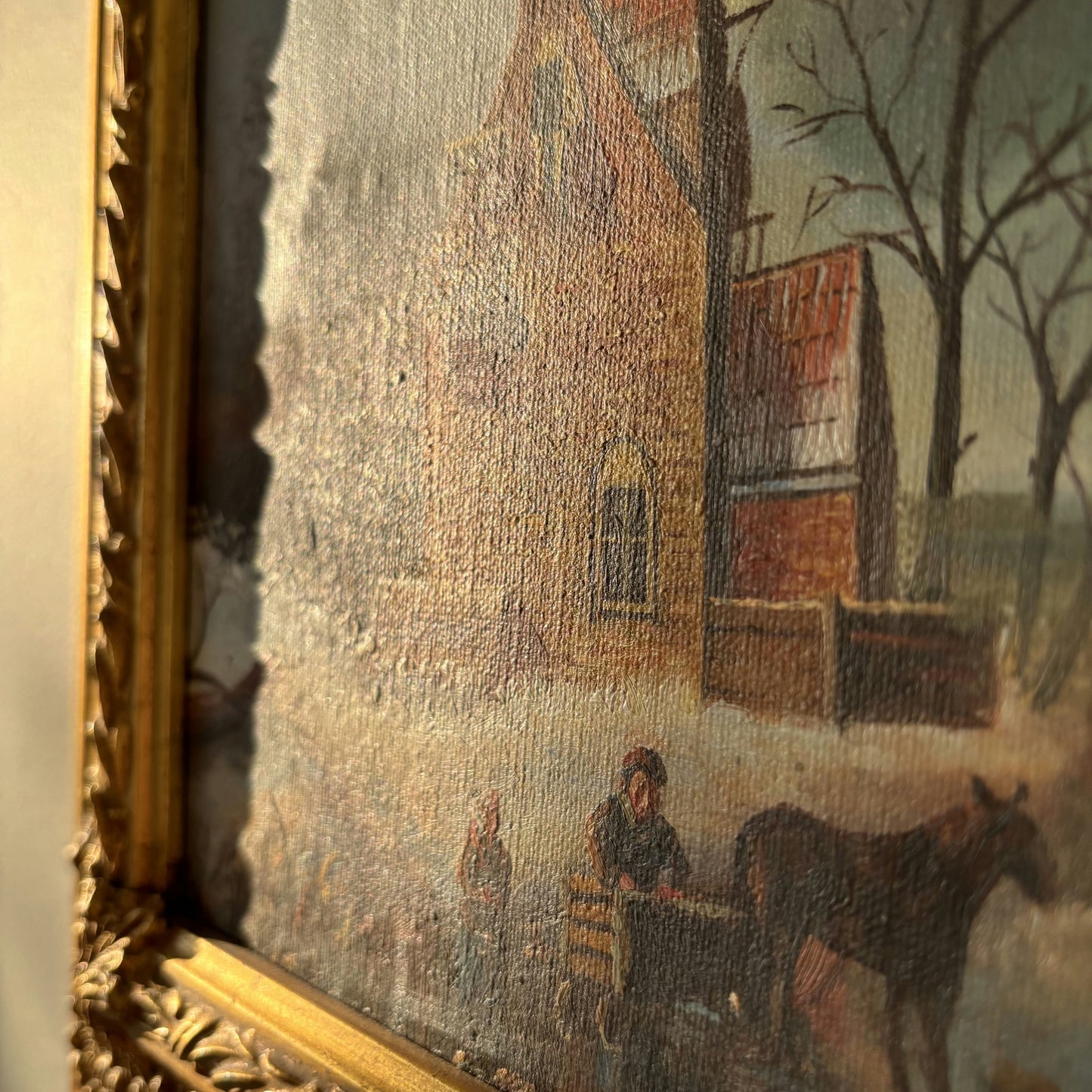 19th Century Winter Landscape Oil Painting "Frozen River" Medium Artwork